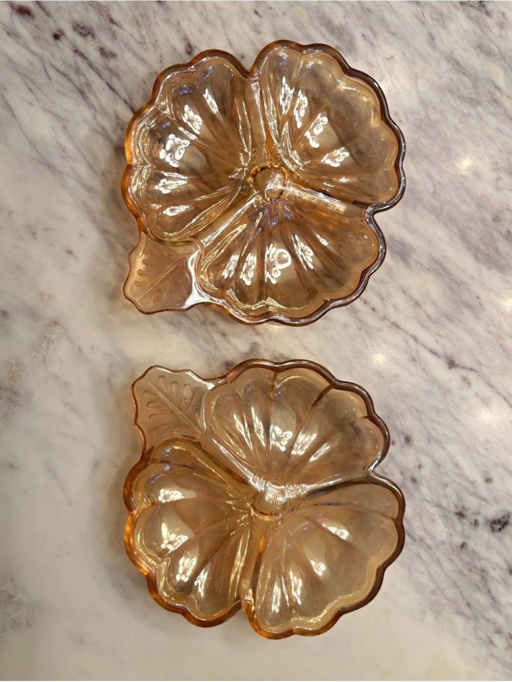 Vintage Marigold Carnival Pressed Glass Flower Trinket Dishes set of 2